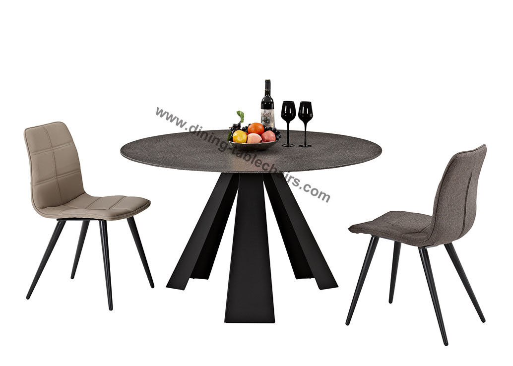 Round Stone Look Dining Table , Tempered Glass Dining Table Heavy Duty Steel Leg