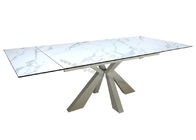 Square Extension HPL Dining Table Tempered Glass Topped Laser Cutted Legs